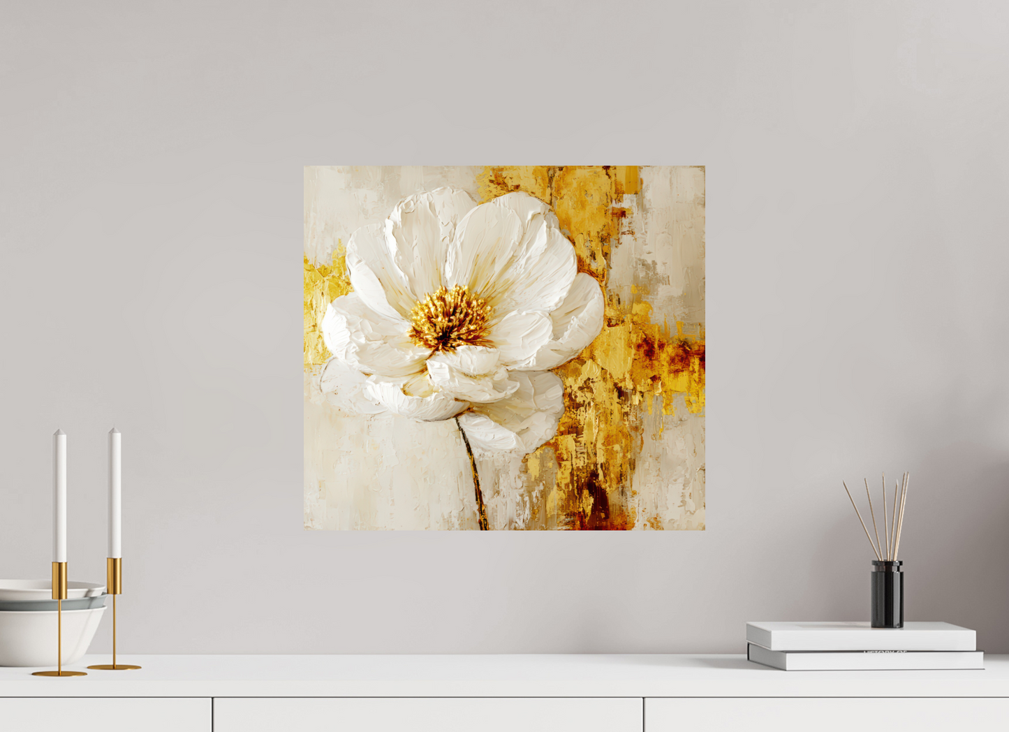 17.6 x 16″, Fine Art Print On Aluminum Dibond White and Gold Flower 3