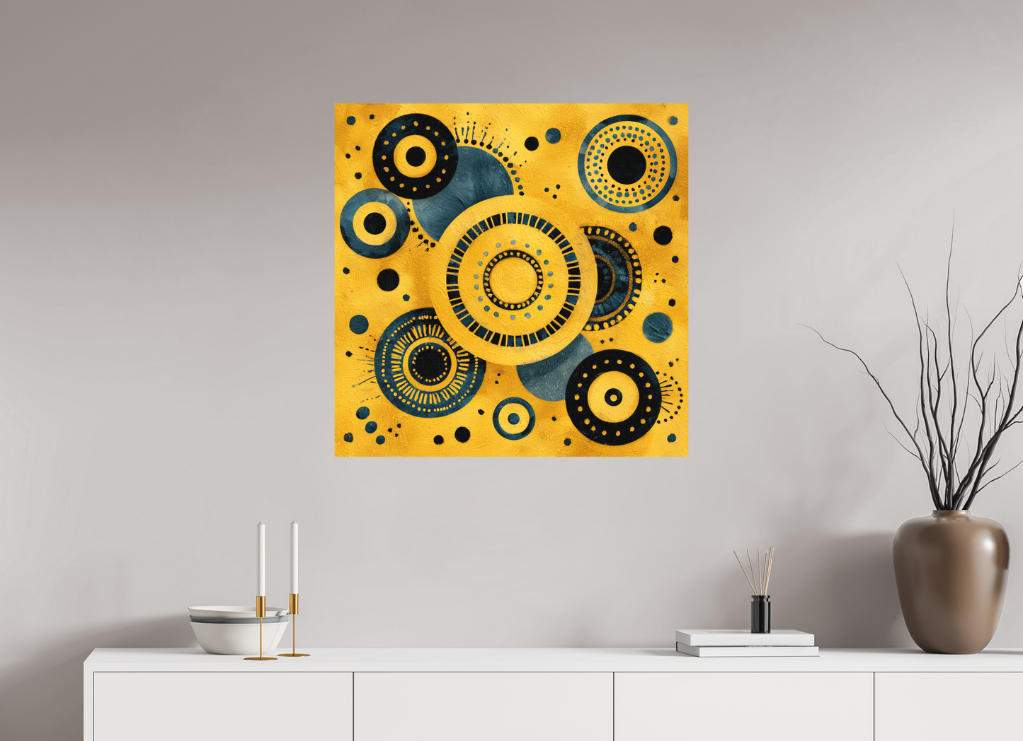 30 x 30″, Photo Print on Aluminum Backing Yellow & Blue