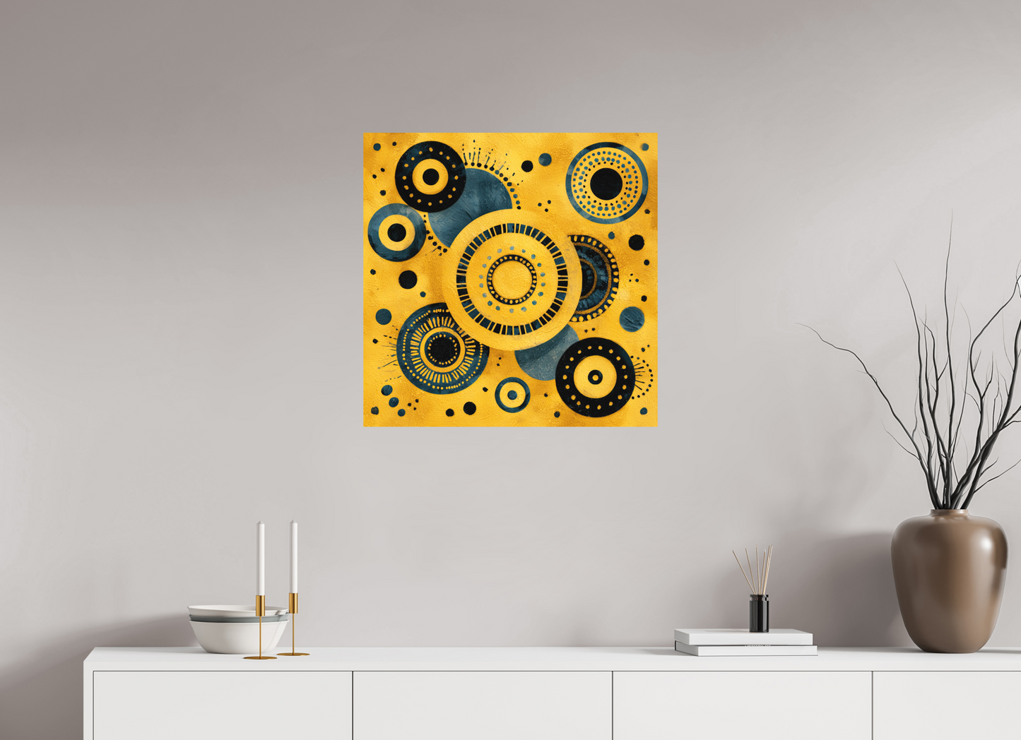 25 x 25″, Photo Print on Aluminum Backing Yellow & Blue
