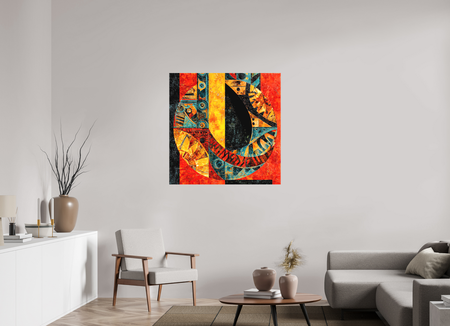 40 x 40″, Textile on Canvas Tribal Circle 1