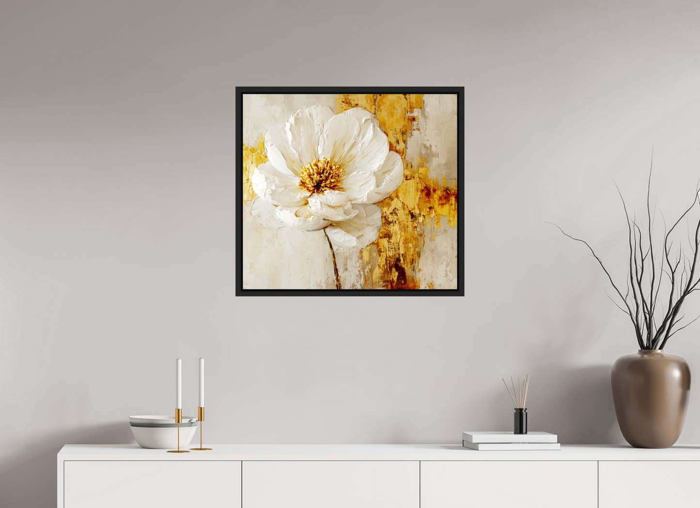26.4 x 24″, Fine Art Print on Aluminum Dibond with Boarder White and Gold Flower 3