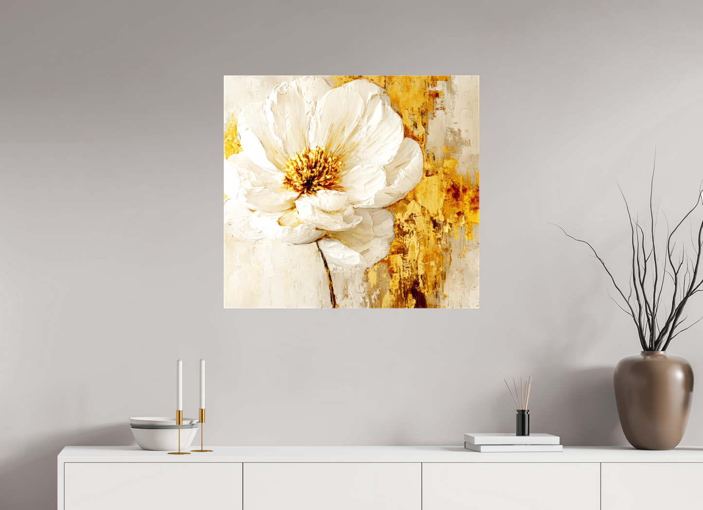 30.7 x 28″, Glossy Canvas White and Gold Flower 3