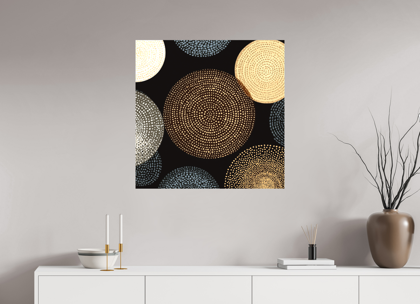 30 x 30″, Textile on Canvas Dot Circles