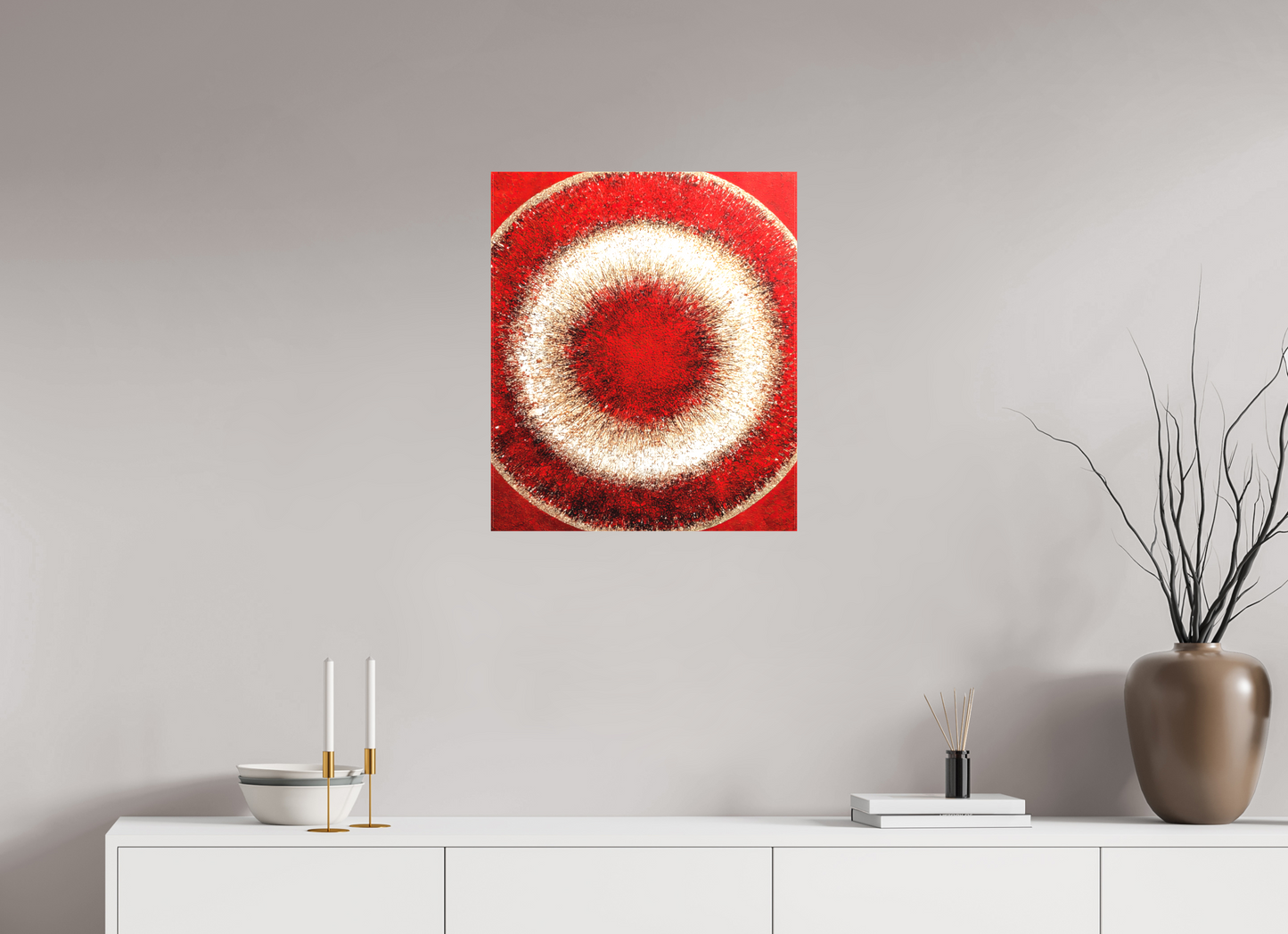 20 x 23.5″, Textile on Canvas Abstract Red Eye