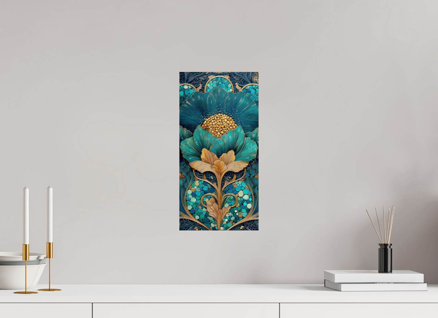 8 x 16″, Fine Art Print On Aluminum Dibond Art Deco Teal Flower 2