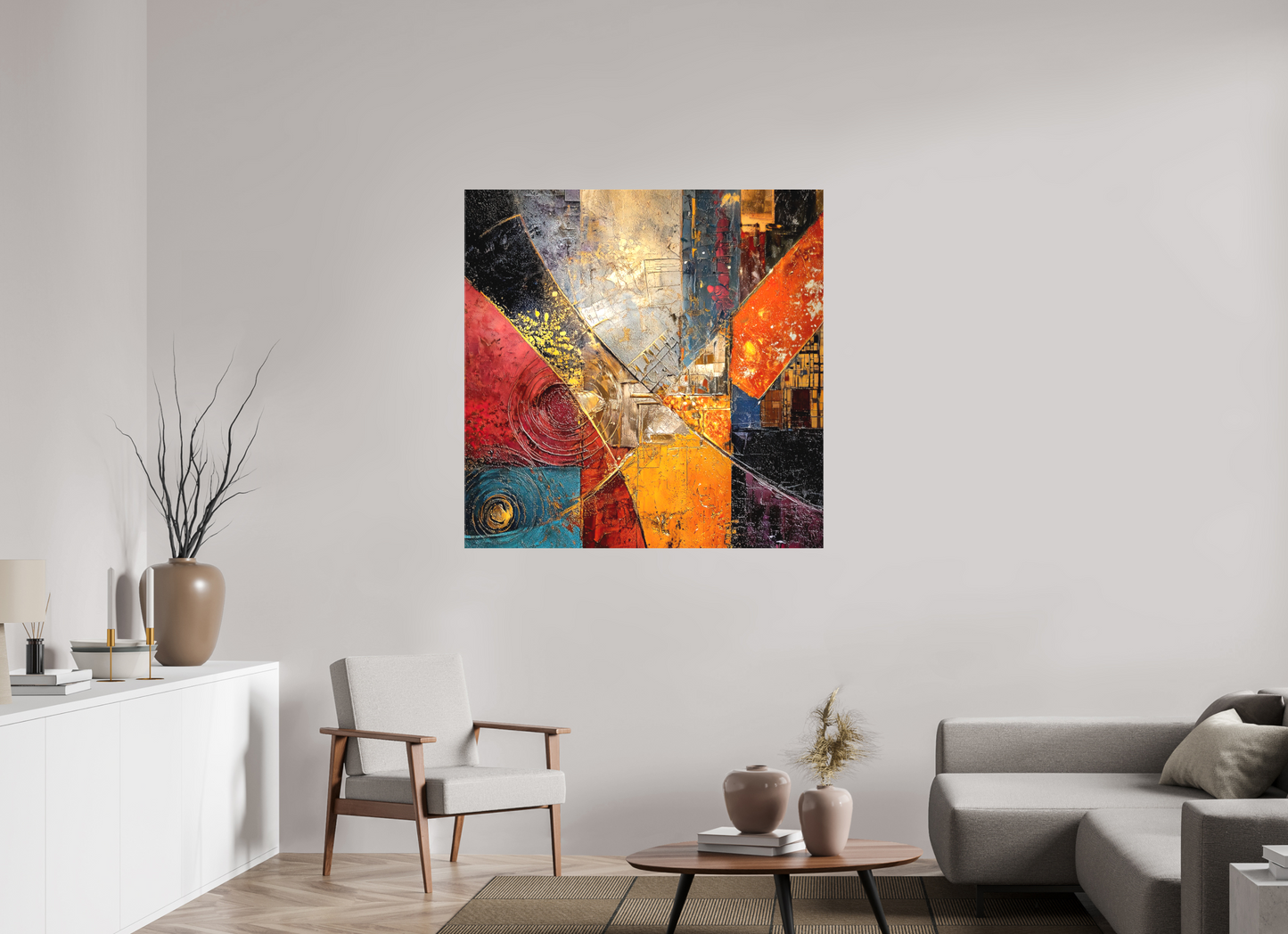 45 x 45″, Textile on Canvas Abstract Cracked Paint