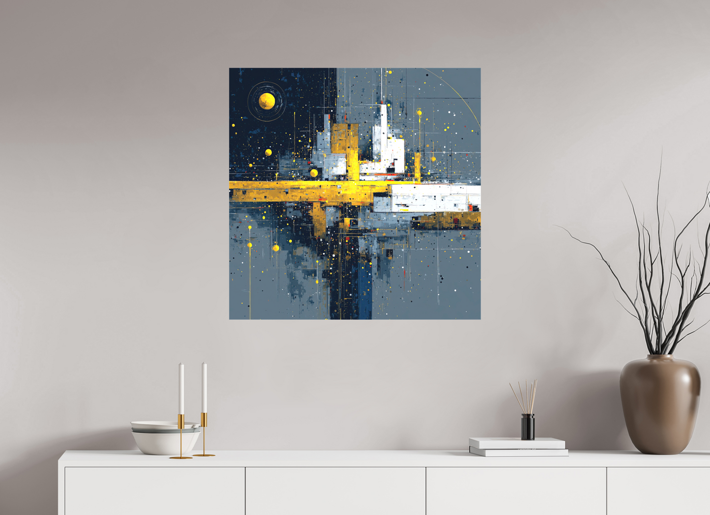 30 x 30″, Textile on Canvas Abstract City