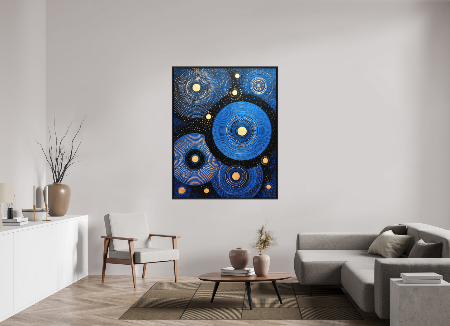 47 x 59.3″, Photo Print on Aluminum Backing with boarder Blue Circles