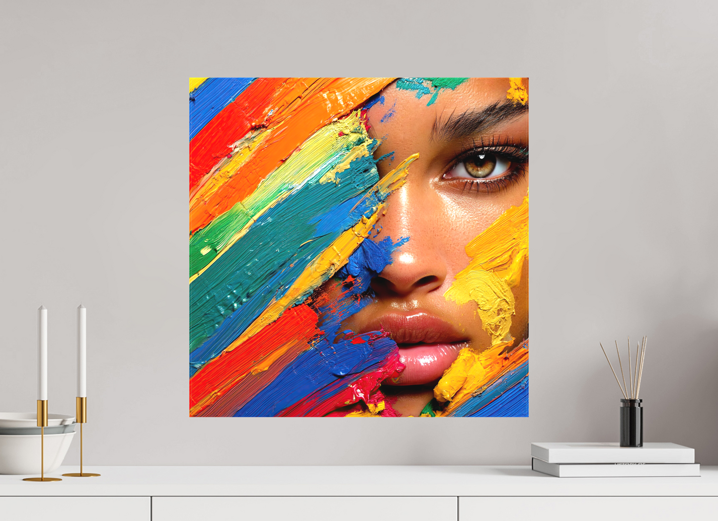20 x 20″, Textile on Canvas Paintress