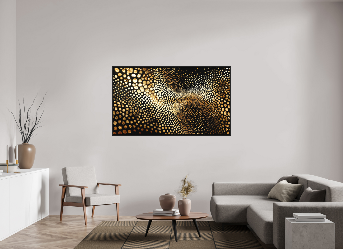 68.1 x 39″, Photo Print on Aluminum Backing with boarder Gold Dot Wave