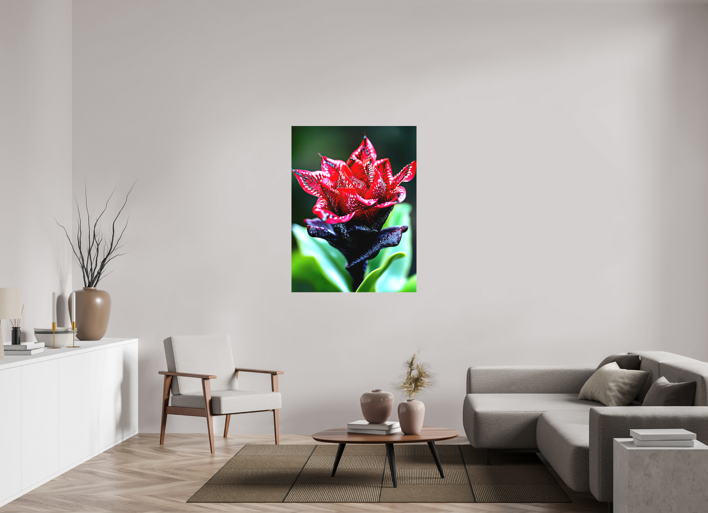 36 x 48″, Textile on Canvas Red Zebra Flower