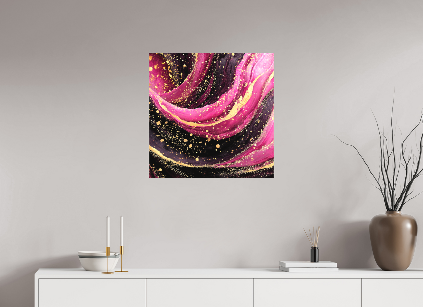 25 x 25″, Textile on Canvas Pink & Gold