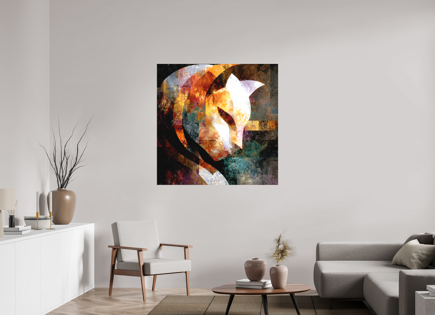 45 x 45″, Textile on Canvas Abstract Cat