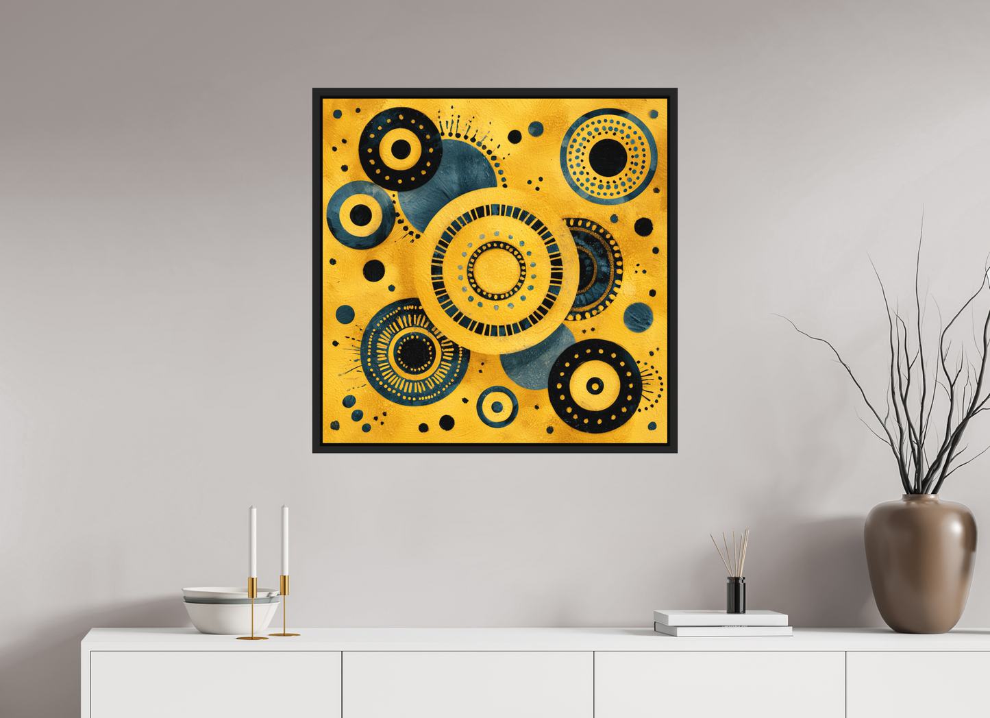 30 x 30″, Photo Print on Aluminum Backing with boarder Yellow & Blue