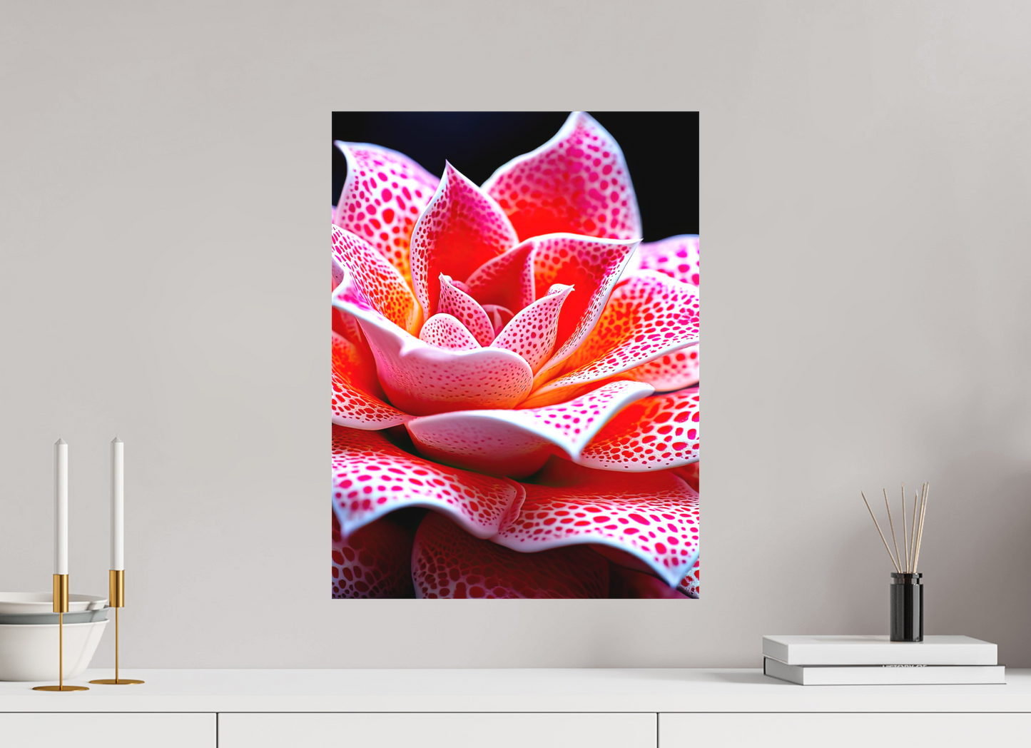 15 x 20″, Textile on Canvas Red Dot Flower