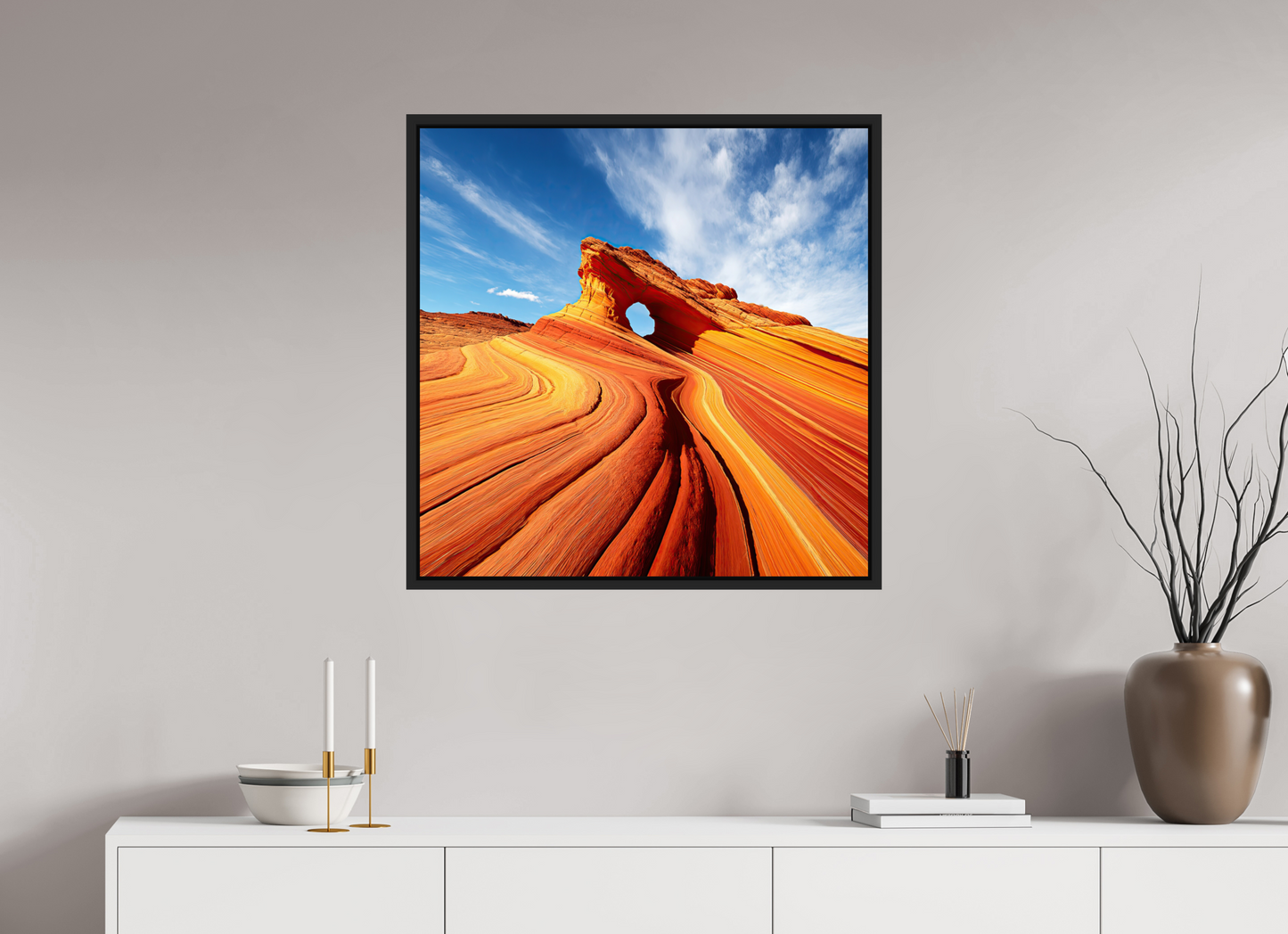 30 x 30″, Fine Art Print on Aluminum Dibond with Boarder Desert Rock Formation