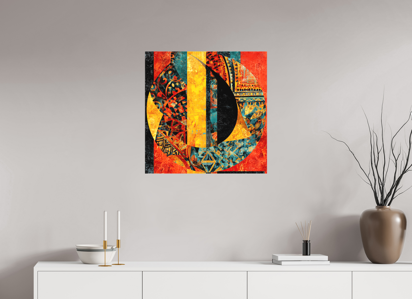 25 x 25″, Textile on Canvas Tribal Circle 2