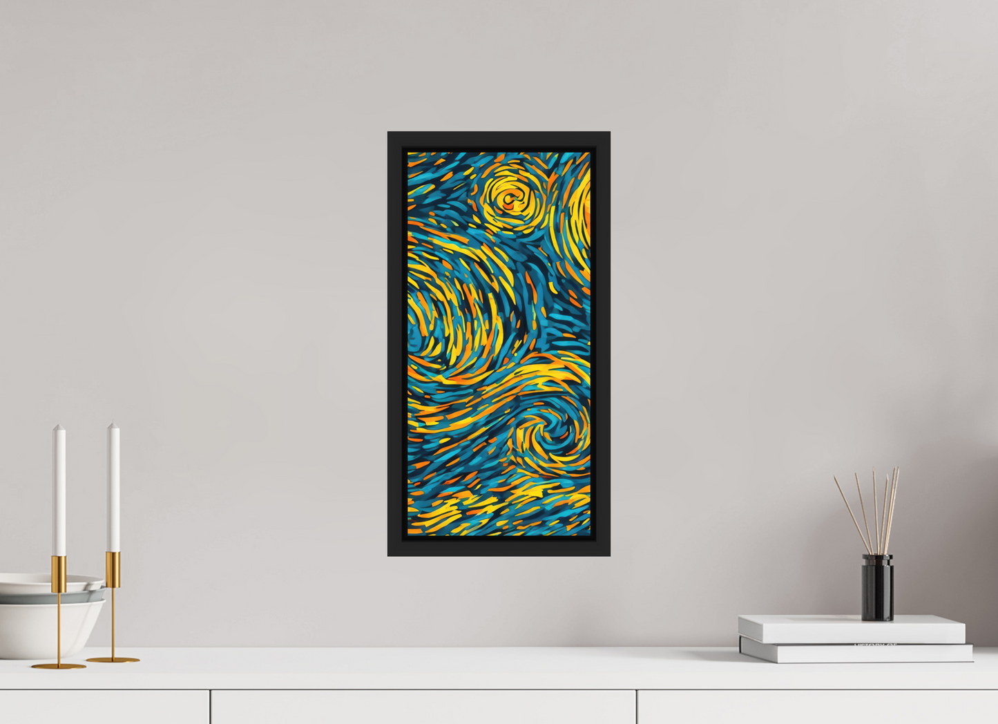 8 x 16.8″, Photo Print on Aluminum Backing with boarder Abstract Blue & Yellow Swirls