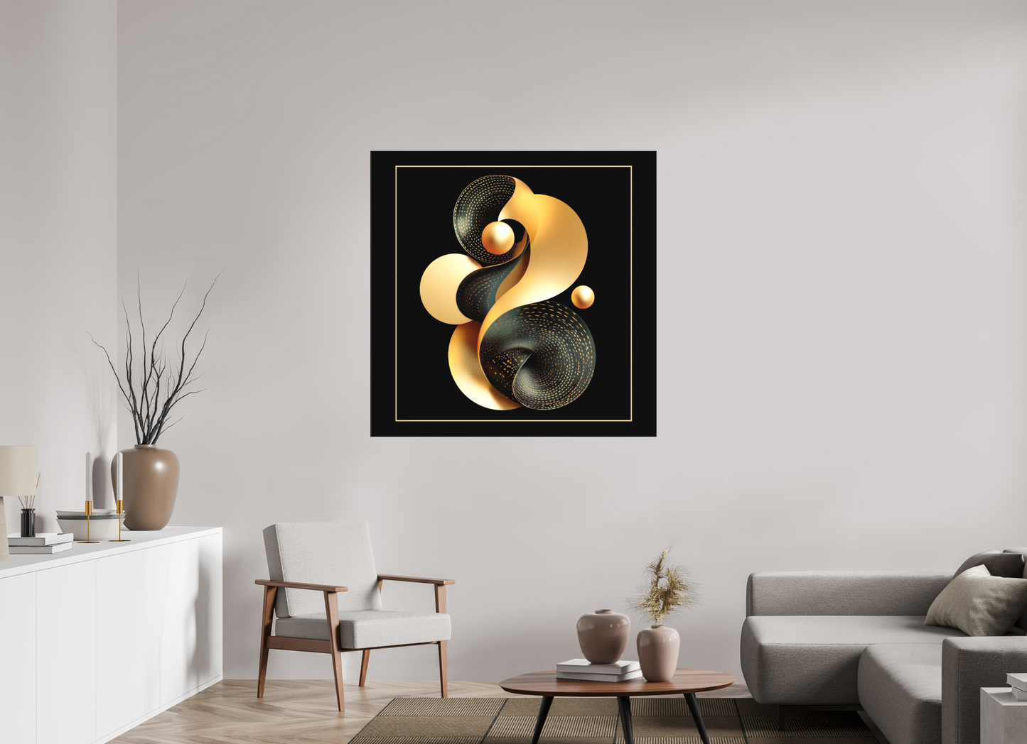 45 x 45″, Textile on Canvas Abstract Black & Gold
