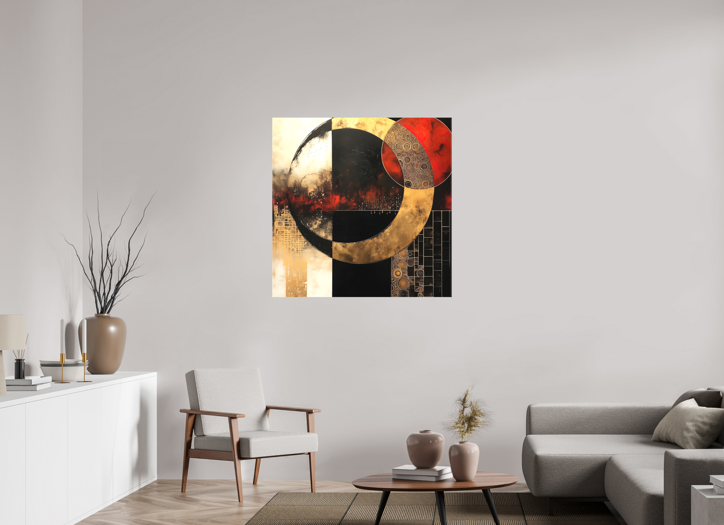 40 x 40″, Textile on Canvas Gold Blood Moon