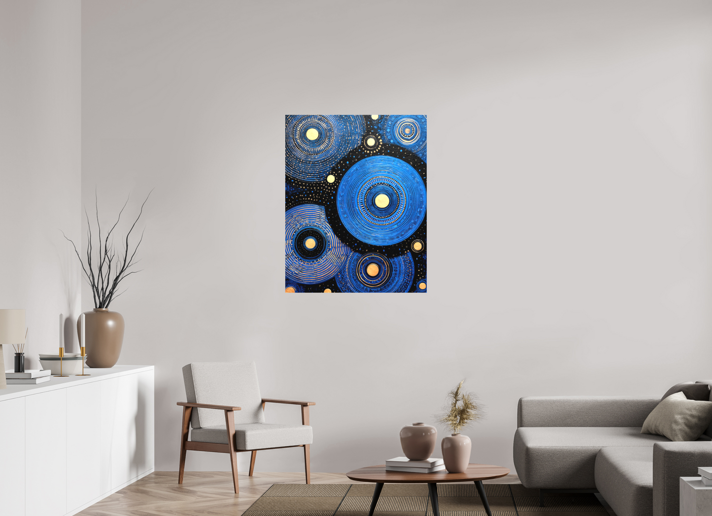 32 x 40.4″, Textile on Canvas Blue Circles