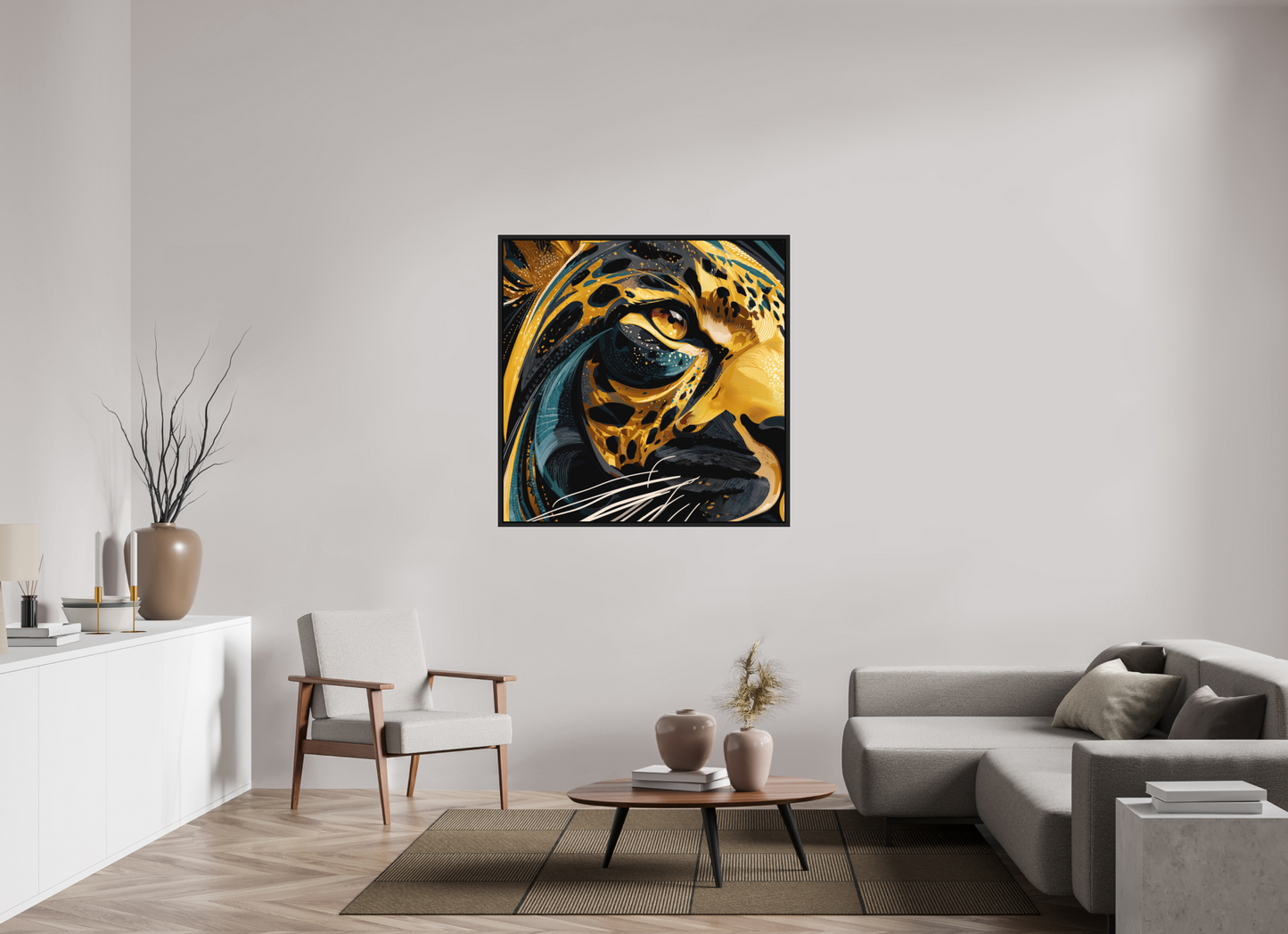 45 x 45″, Photo Print on Aluminum Backing with boarder Abstract Panther