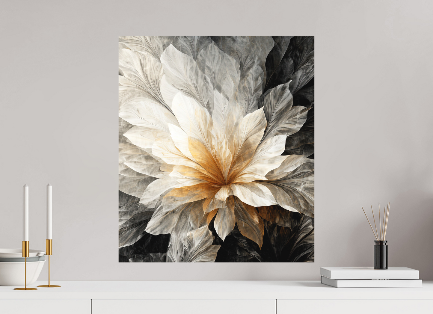 20 x 23.1″, Photo Print on Aluminum Backing White & Gold Flower 1