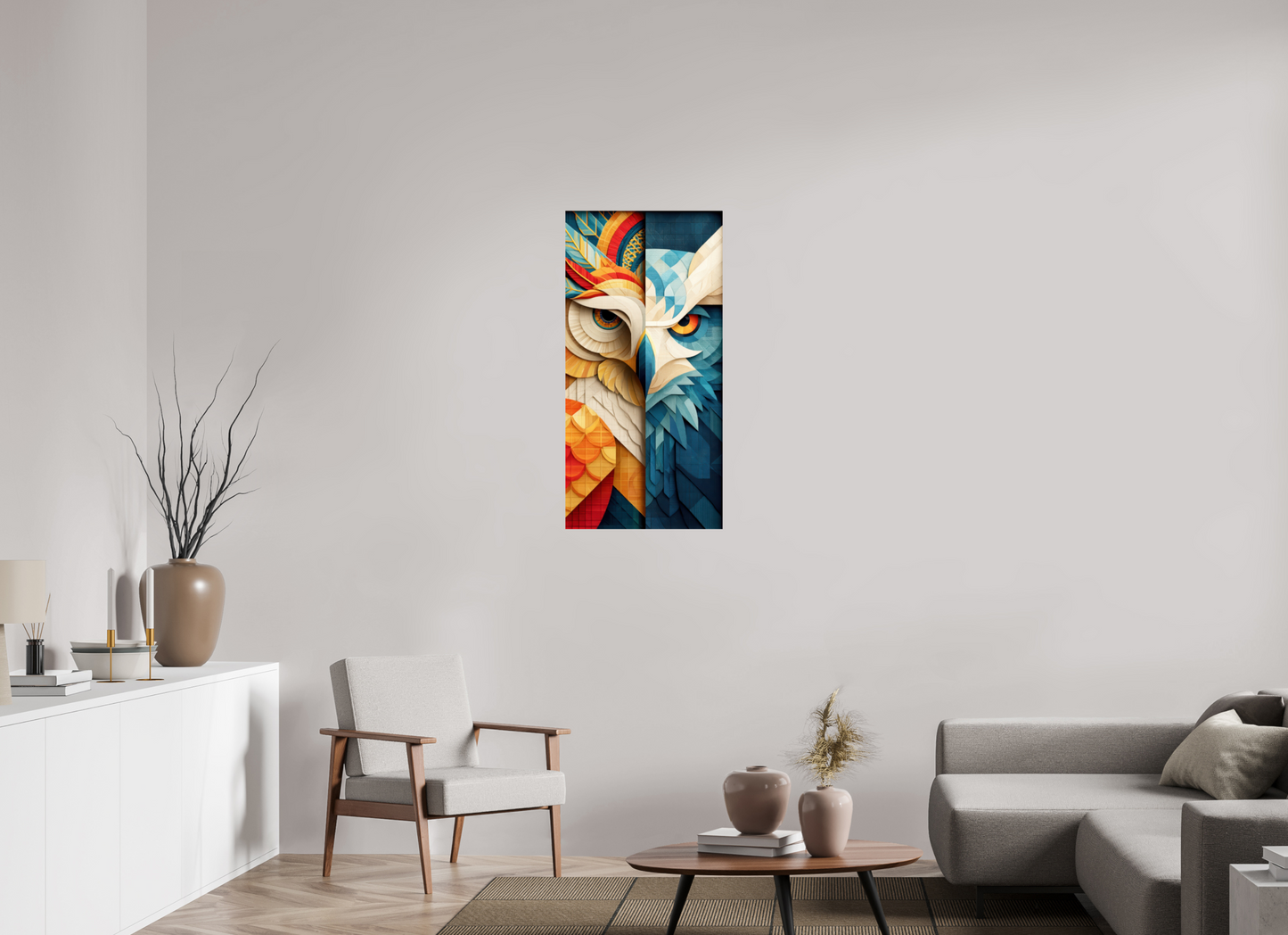 20 x 40.5″, Fine Art Print On Aluminum Dibond Abstract Warm & Cold Owl