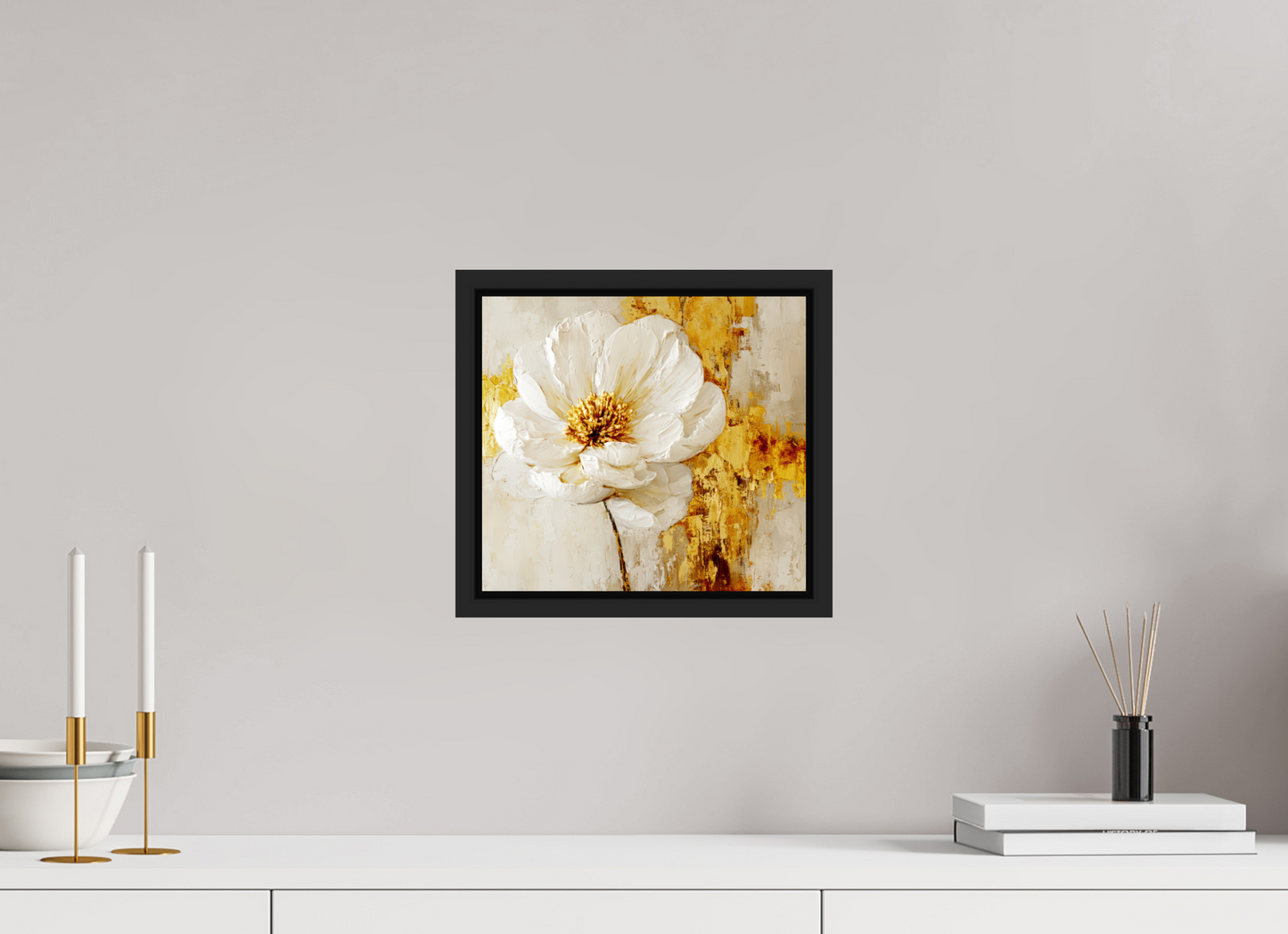 11 x 10″, Fine Art Print on Aluminum Dibond with Boarder White and Gold Flower 3