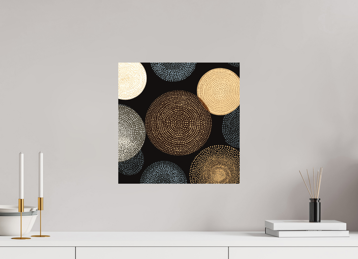 15 x 15″, Photo Print on Aluminum Backing Dot Circles