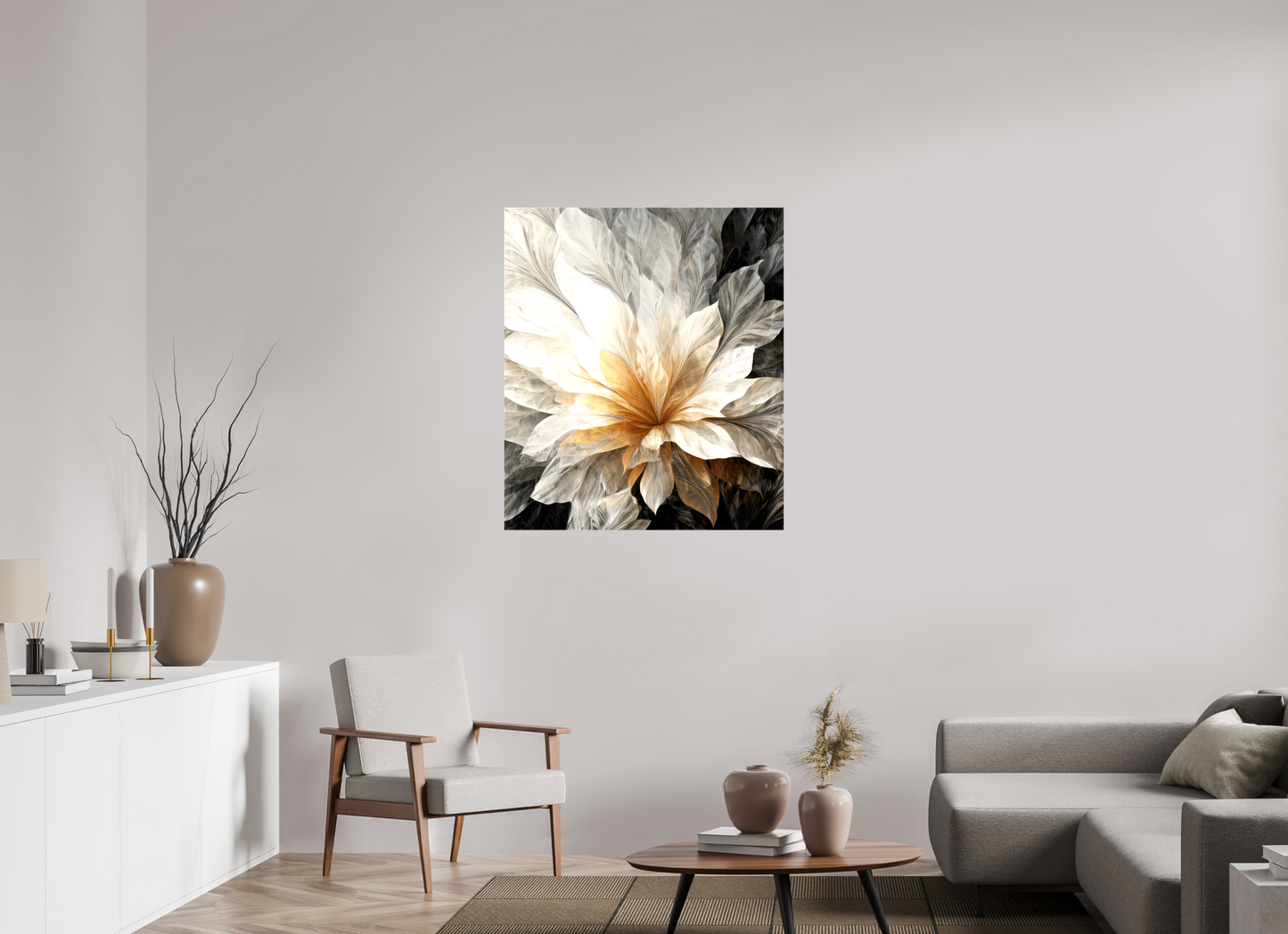 35 x 40.4″, Glossy Canvas White & Gold Flower 1