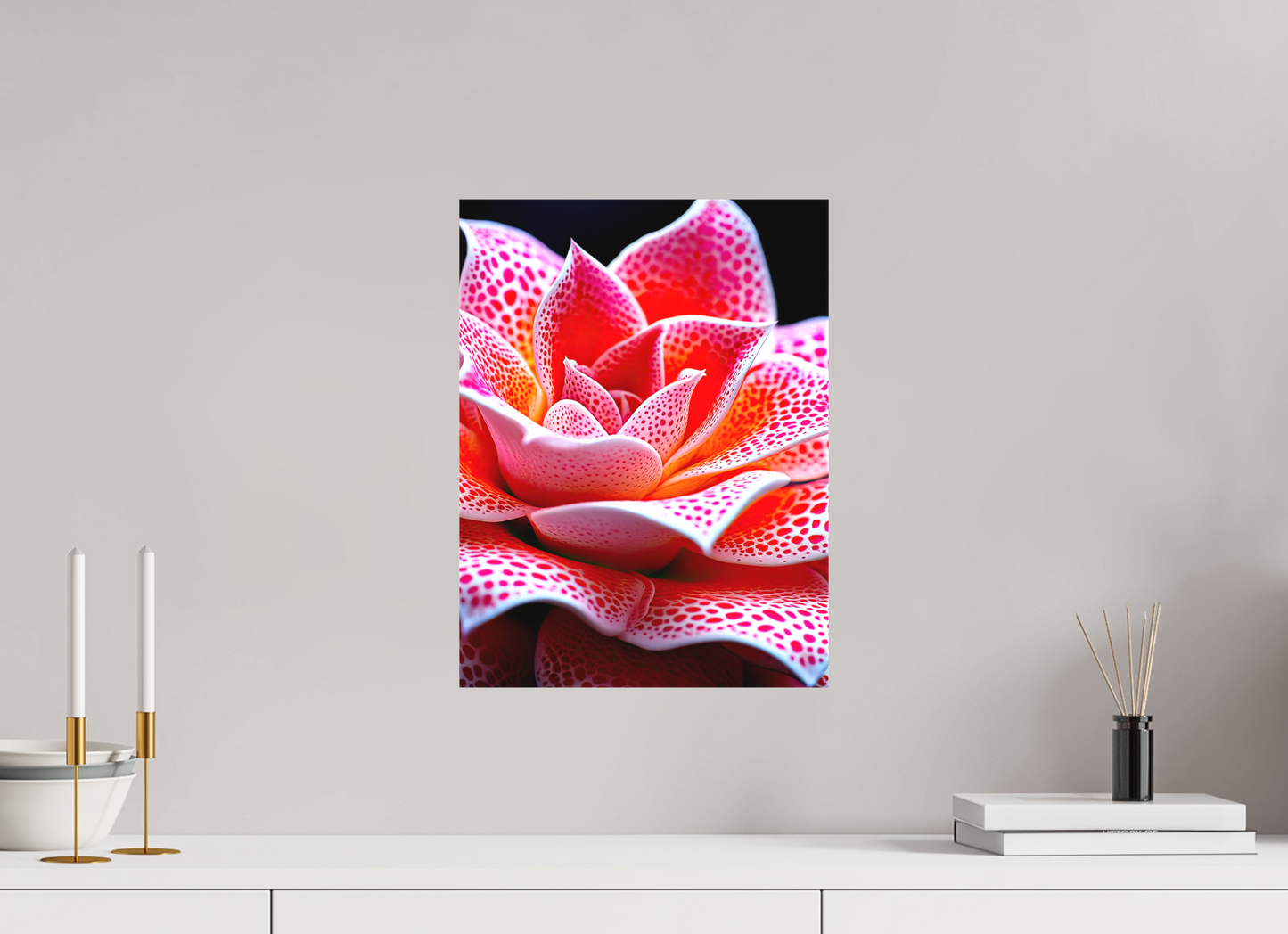 12 x 16″, Textile on Canvas Red Dot Flower