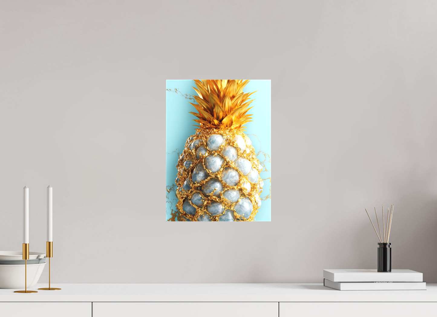 10 x 13.6″, Textile on Canvas Gold Pineapple