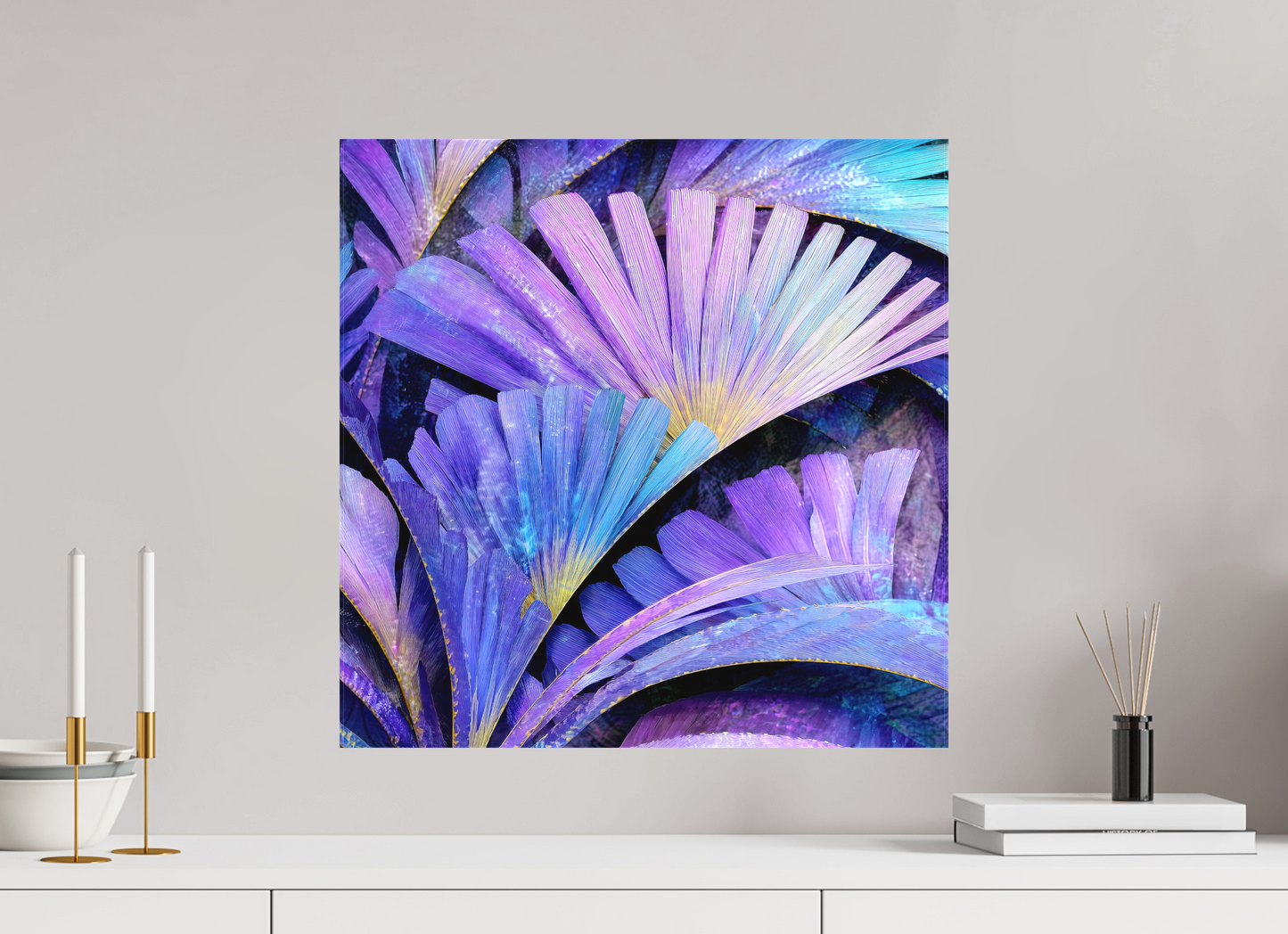 20 x 20″, Textile on Canvas Art Deco Purple Flowers