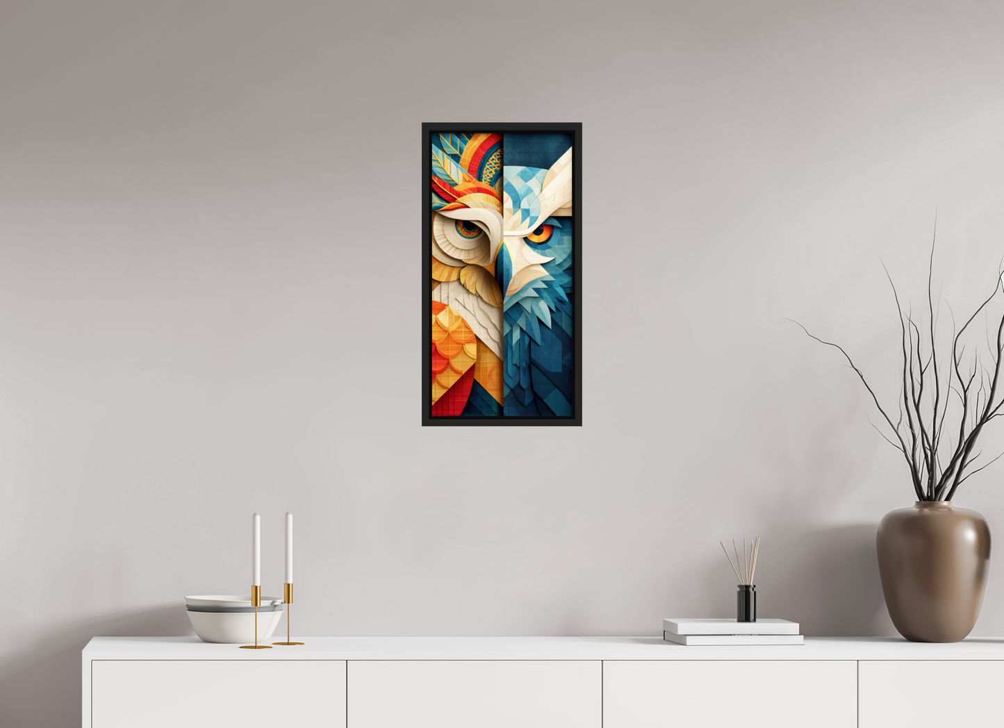 12 x 24.3″, Fine Art Print on Aluminum Dibond with Boarder Abstract Warm & Cold Owl