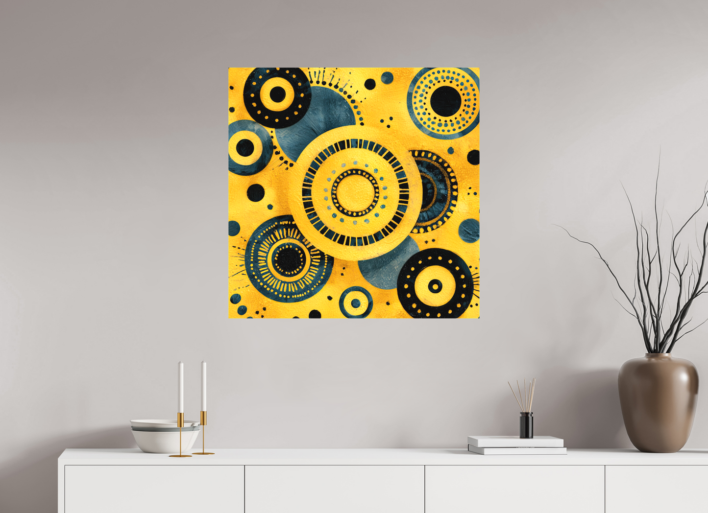 30 x 30″, Textile on Canvas Yellow & Blue