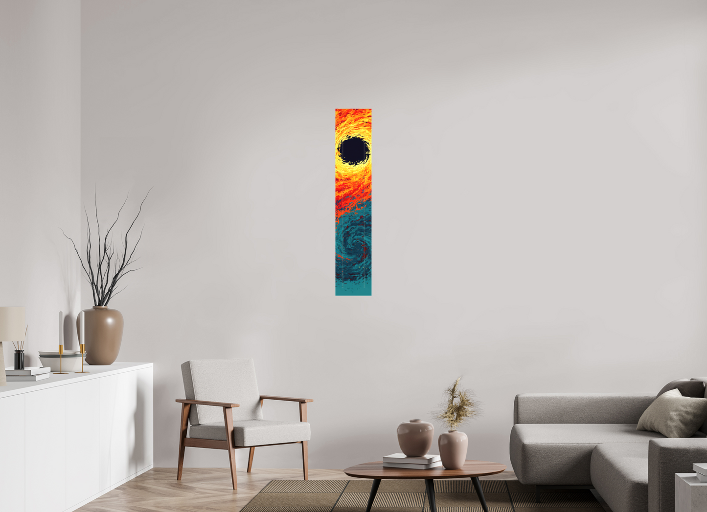 8 x 42.8″, Textile on Canvas Abstract Fire & Ice Swirl