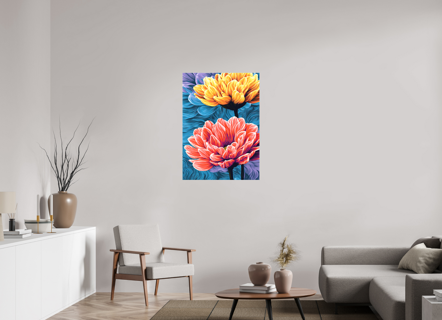 28 x 39.1″, Textile on Canvas Warm Flowers