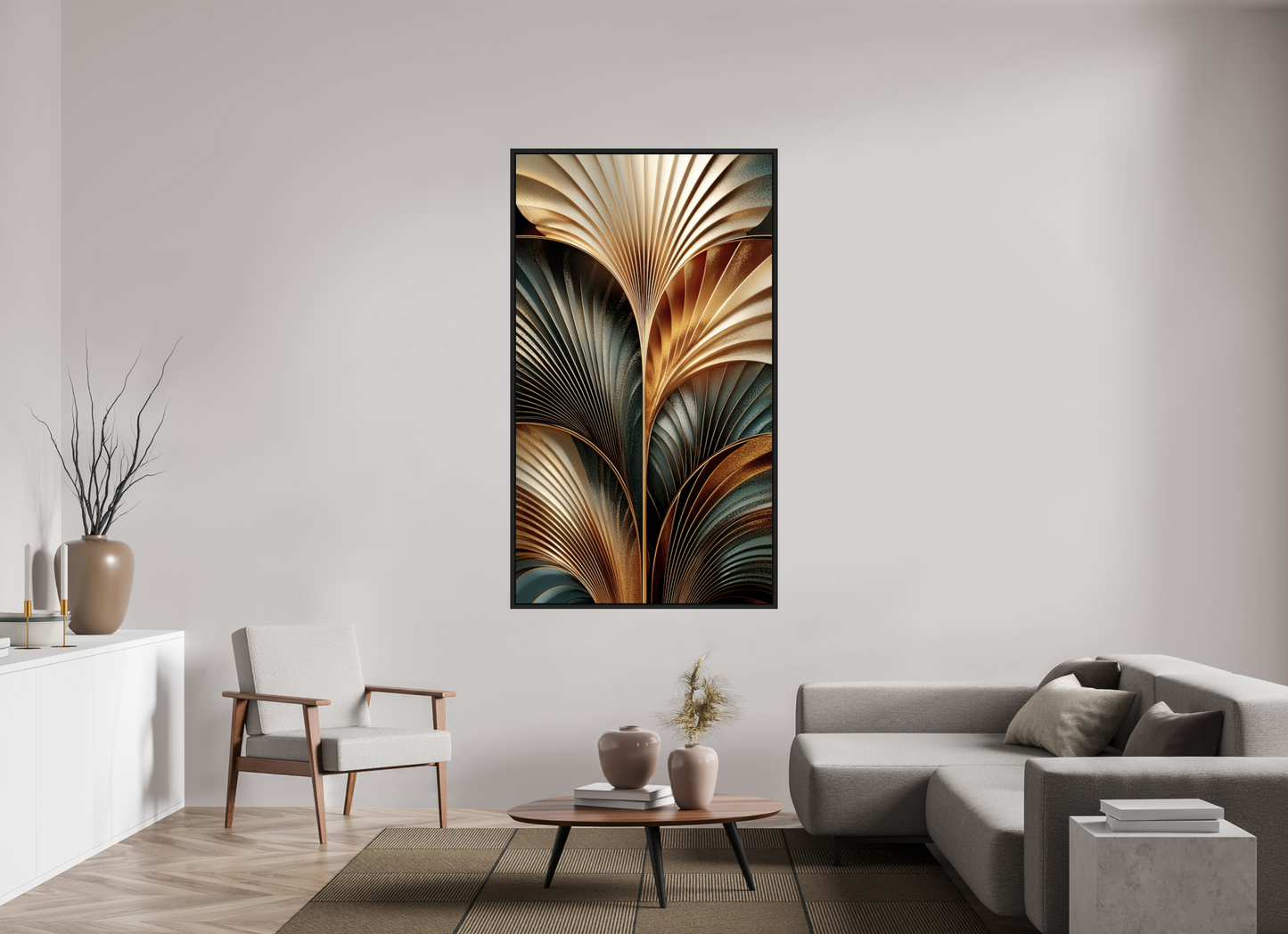 40 x 70.1″, Fine Art Print on Aluminum Dibond with Boarder Art Deco Leaves 3