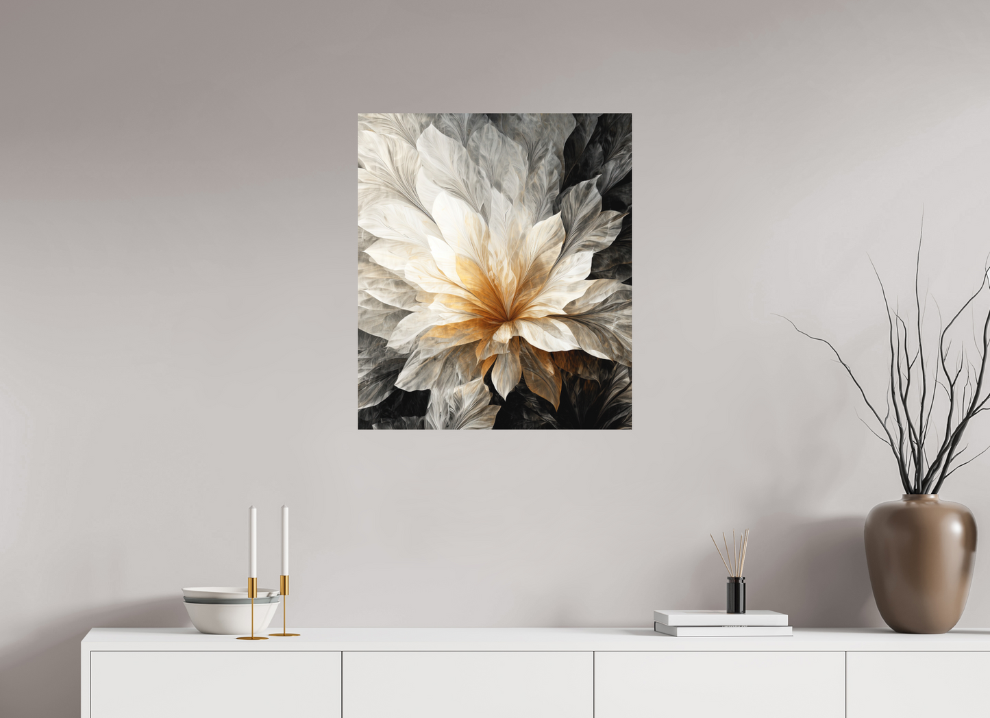 24 x 27.7″, Photo Print on Aluminum Backing White & Gold Flower 1