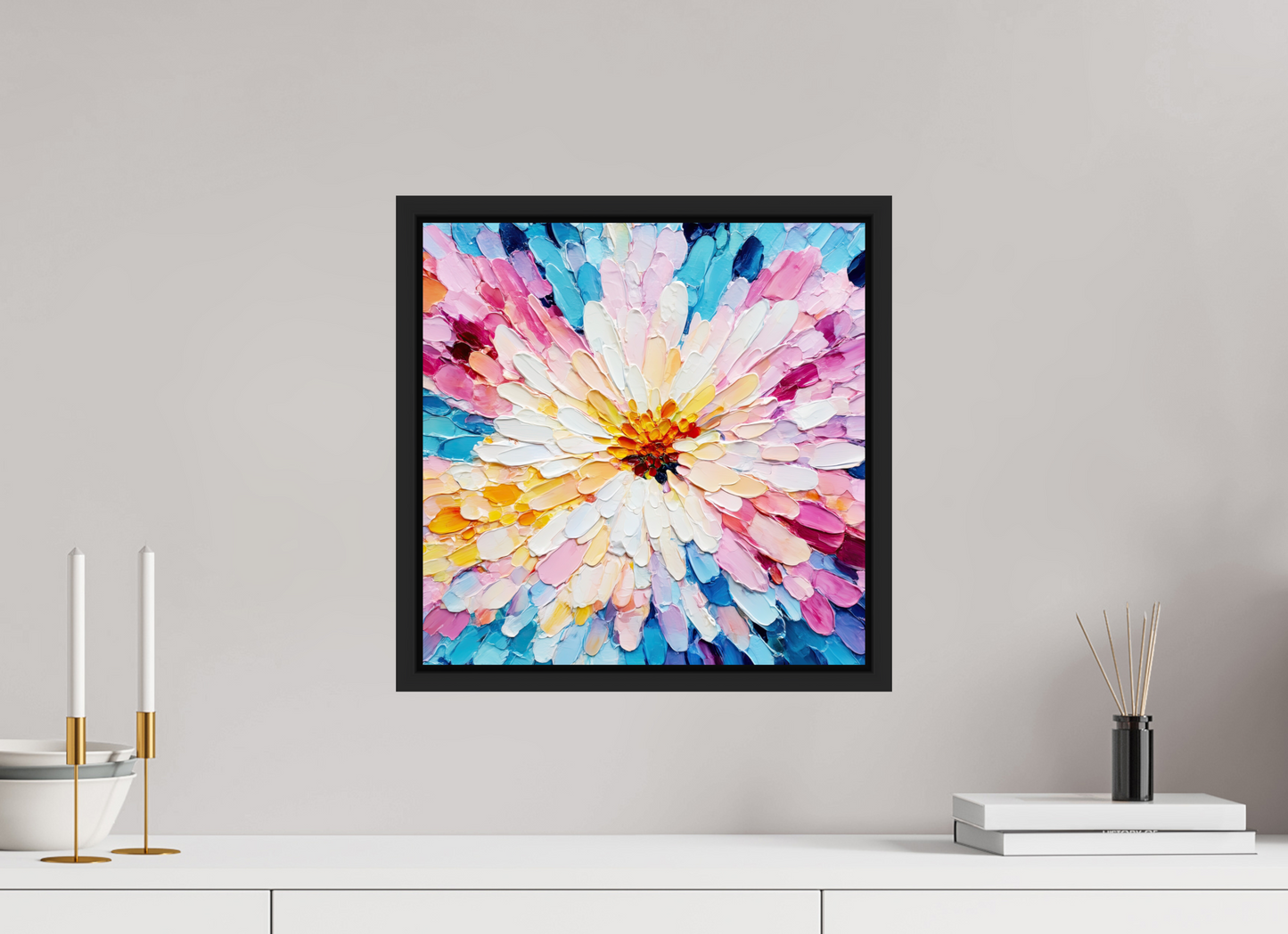15 x 15″, Fine Art Print on Aluminum Dibond with Boarder Abstract Paint Flower