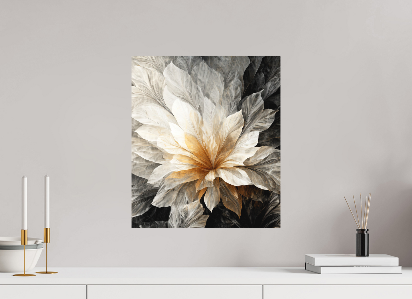 16 x 18.5″, Photo Print on Aluminum Backing White & Gold Flower 1