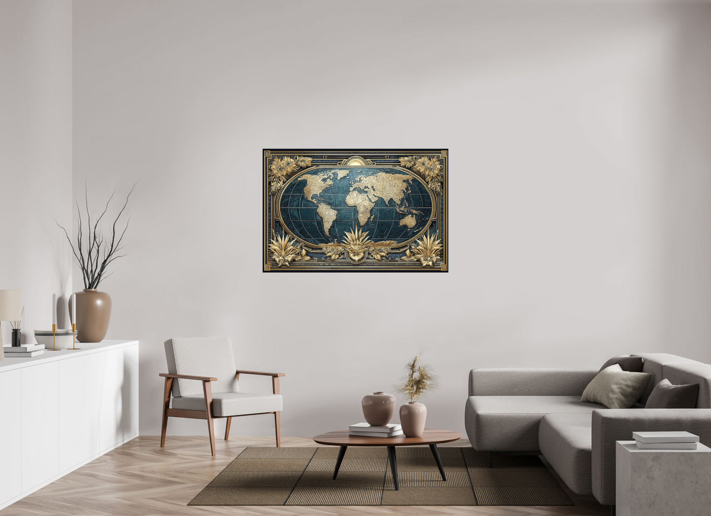 54 x 36″, Photo Print on Aluminum Backing Art Deco World Map