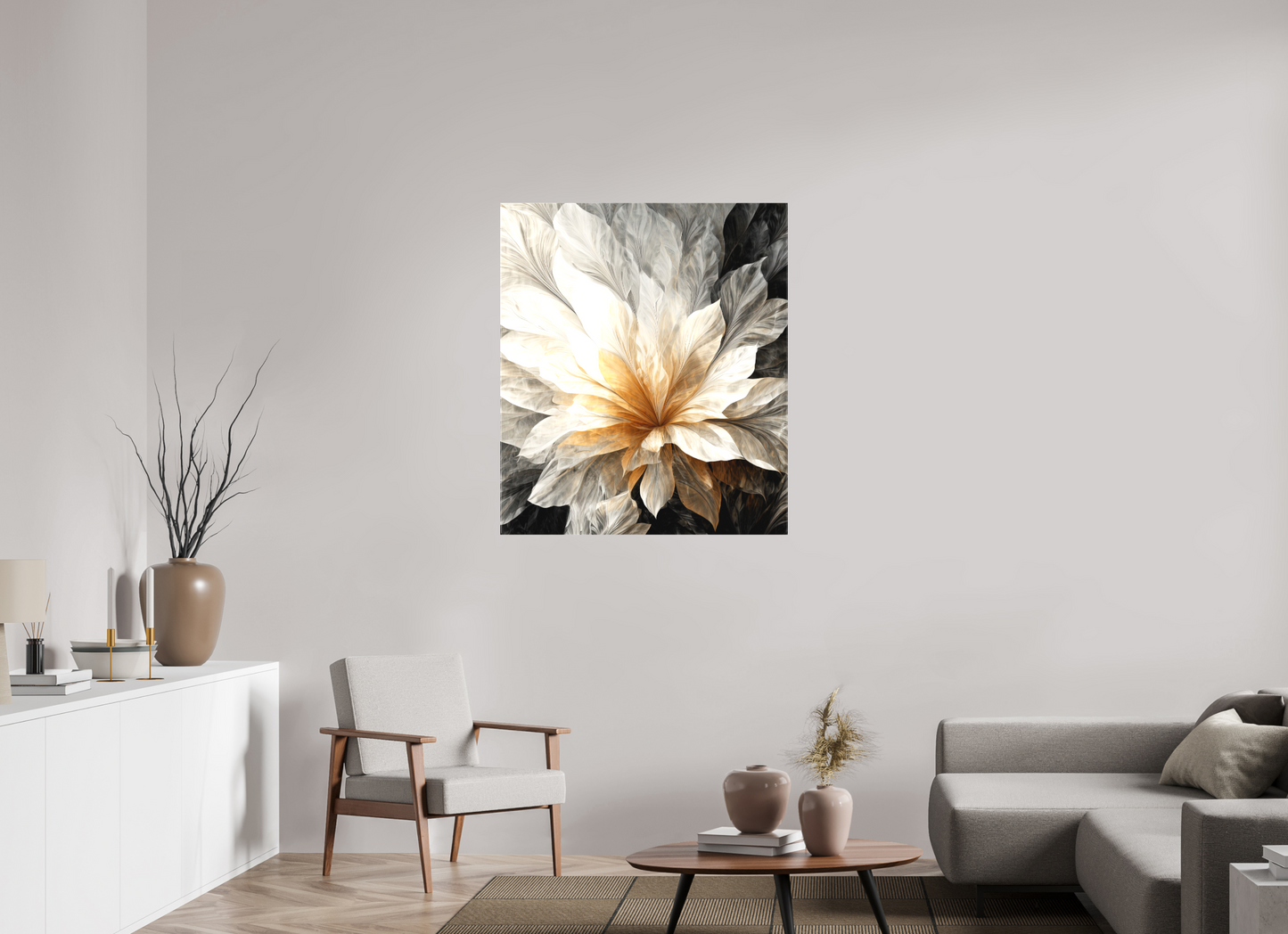 36 x 41.6″, Textile on Canvas White & Gold Flower 1