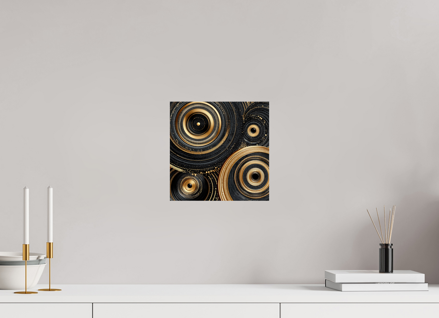 10 x 10″, Fine Art Print On Aluminum Dibond Gold & Black Circles