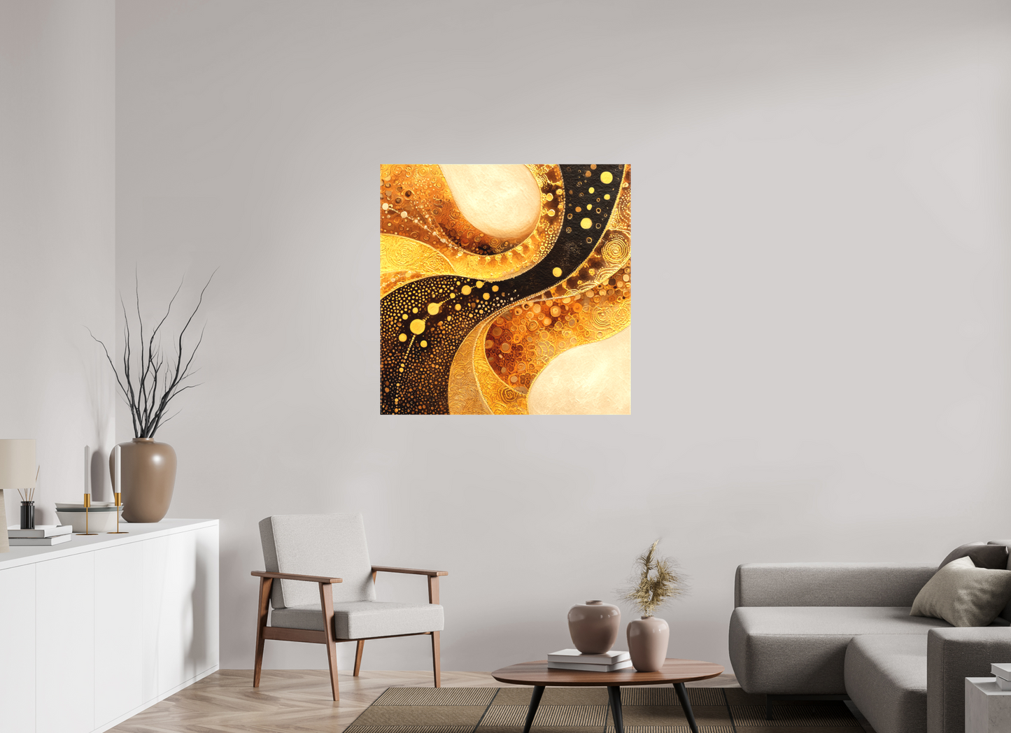 40 x 40″, Textile on Canvas Gold Texture Swirl