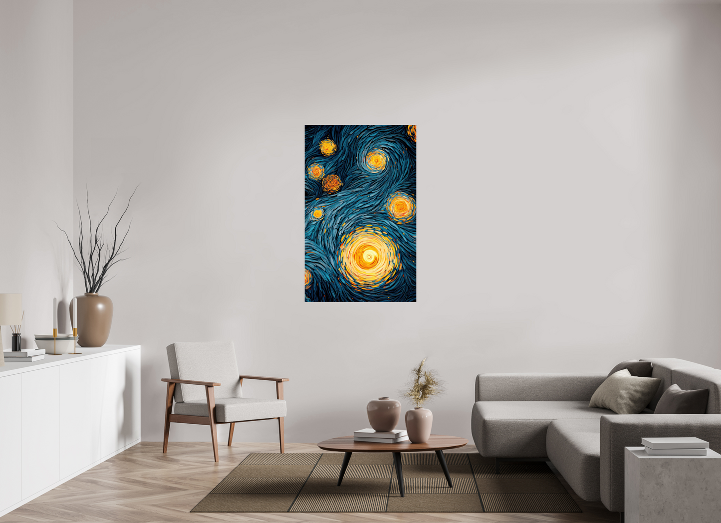 32 x 50.7″, Fine Art Print On Aluminum Dibond Abstract Blue & Yellow Swirls 2