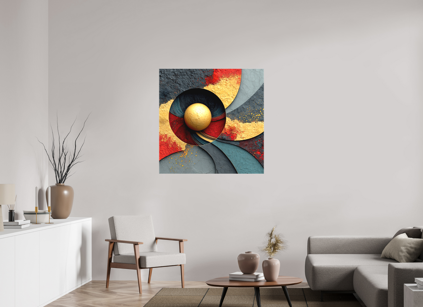 40 x 40″, Textile on Canvas Gold Ball