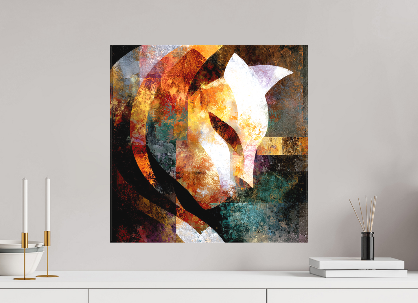 20 x 20″, Textile on Canvas Abstract Cat