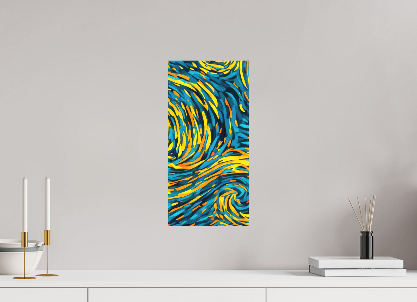 8 x 16.8″, Textile on Canvas Abstract Blue & Yellow Swirls